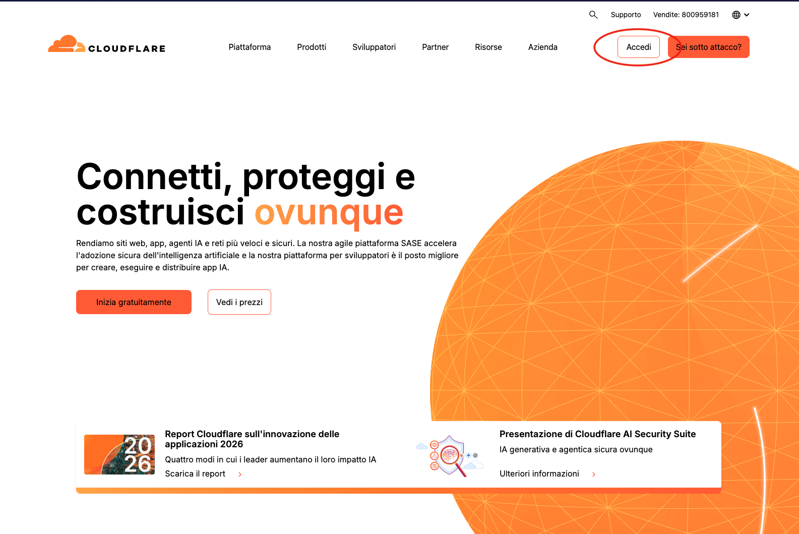 Homepage di Cloudflare con pulsante di accesso evidenziato in alto a destra