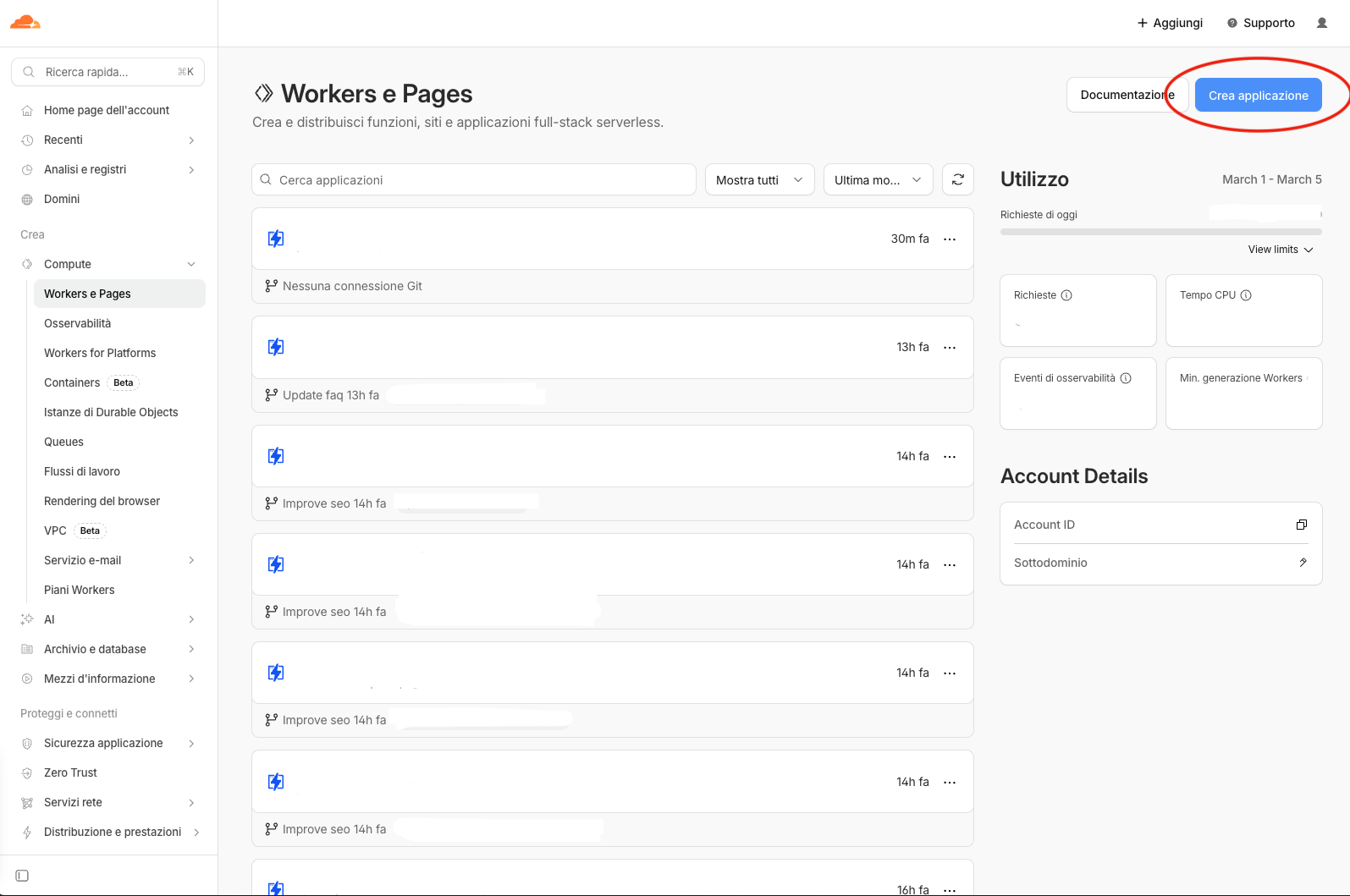 Pagina Workers e Pages con il pulsante Crea applicazione evidenziato in alto a destra