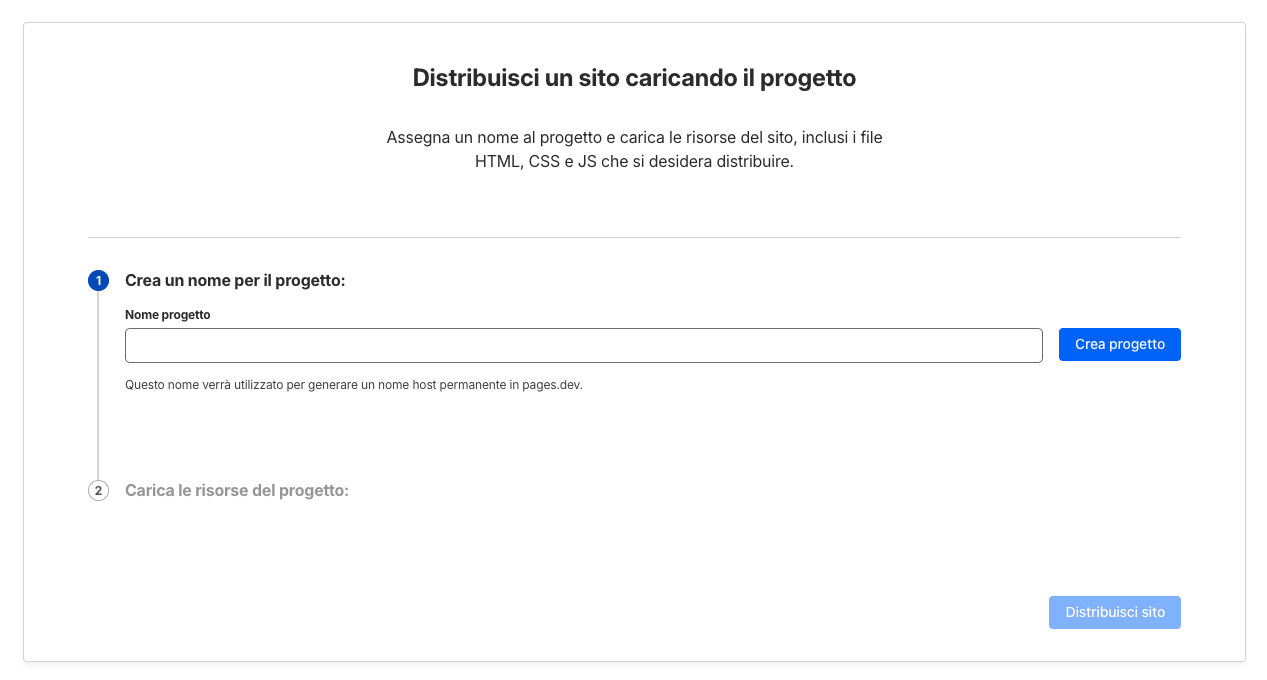 Pagina di distribuzione con campo nome progetto e pulsante Distribuisci sito