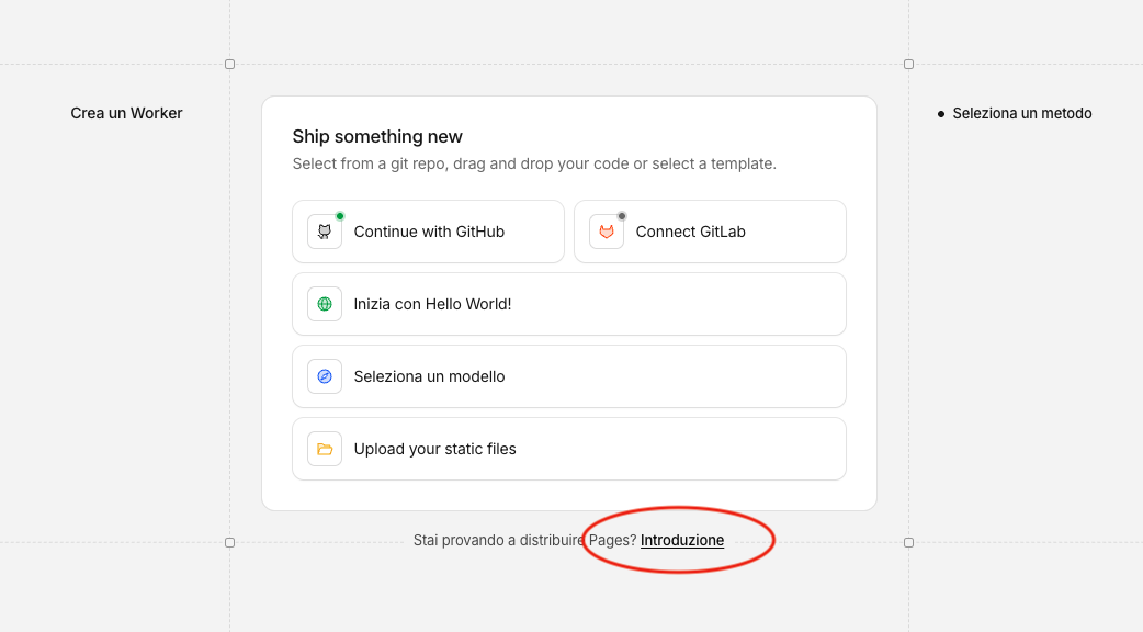 Finestra di creazione Worker con link Introduzione a Pages in basso