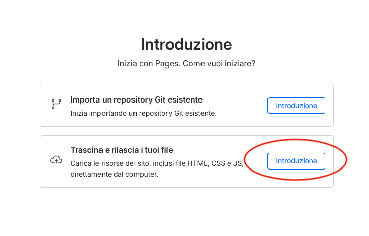 Schermata Pages con opzioni per importare repository Git o caricare file statici