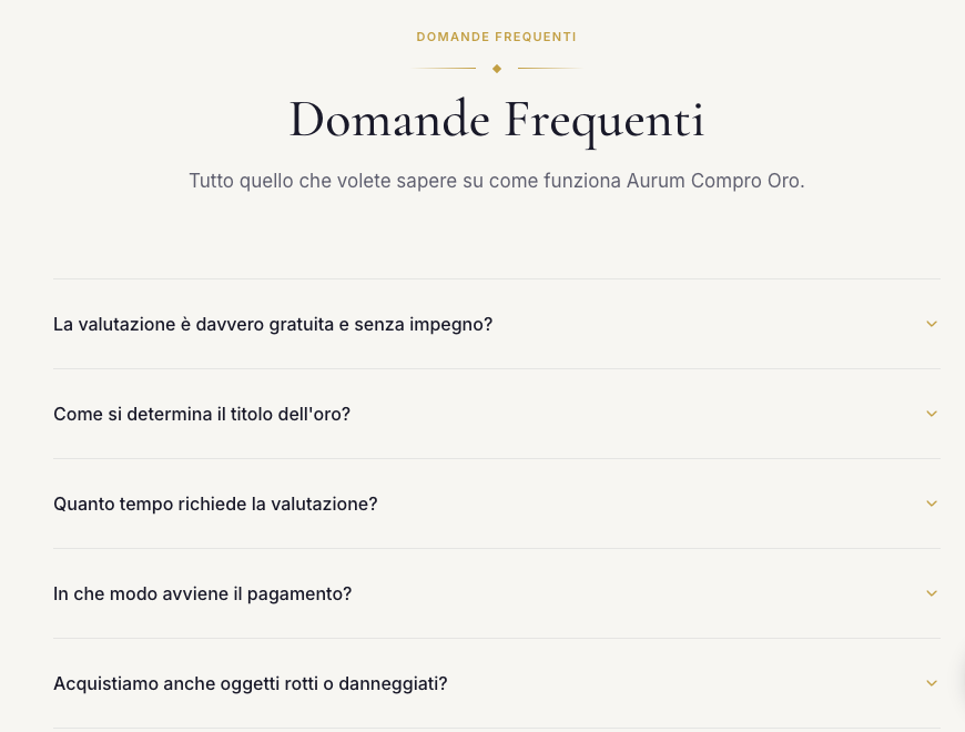 Esempio di sezione FAQ di un sito vetrina
