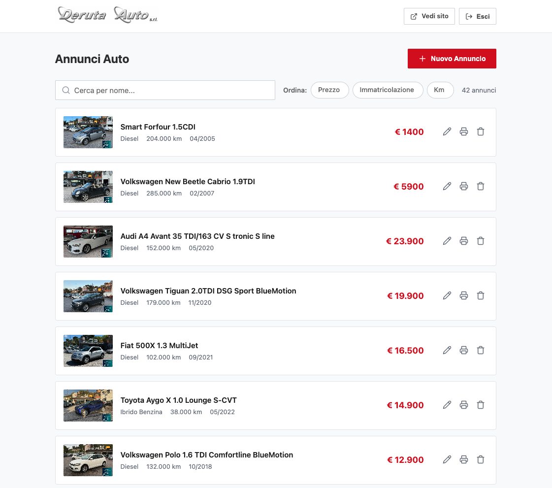 Pannello admin con lista annunci auto ordinabili