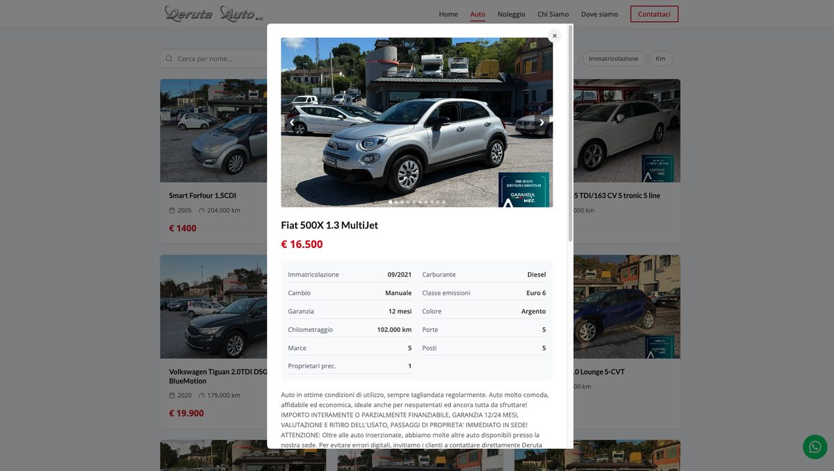 Scheda dettaglio veicolo con foto, prezzo e specifiche tecniche