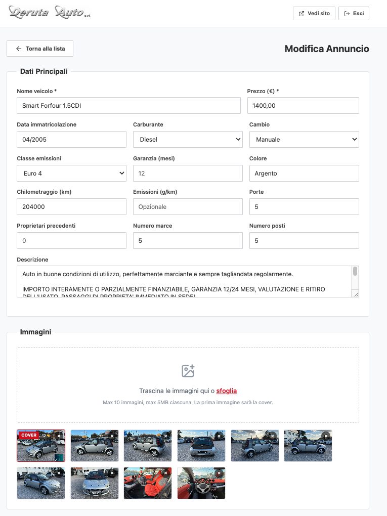 Form di modifica annuncio con campi e upload immagini